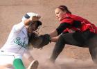 Cassidy Montgomery attempts to tag Shelbi Lipps of Breckenridge Friday evening.