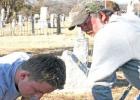 Conner Johnson (left) working at Eastland City Cemetery with his father Kevin Johnson assisting.