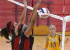 Demory Bonilla (10) and Baily Underwood (3) go up for the block in their game vs. Bryson.
